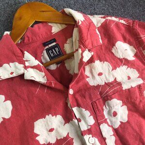 GAP Shirt Mens Medium Red Pink Linen Cotton Blend Short Sleeve Camp Loop Collar